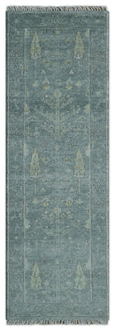Ready to Ship Tree of life Teal And Beige 2.6x8 Wool Rug