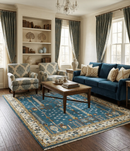 Ready to Ship Tree of Life Traditional Hand Knotted 8x10 Teal Blue and Ivory Wool Area Rug by The Rug Decor