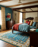 Ready to Ship Tree of Life Traditional Hand Knotted 8x10 Teal Blue and Ivory Wool Area Rug