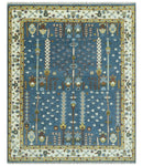 Ready to Ship Tree of Life Traditional Hand Knotted 8x10 Teal Blue and Ivory Wool Area Rug by The Rug Decor