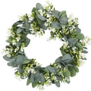 Realistic eucalyptus leaf wreath with white flowers living room decor by Decorbites