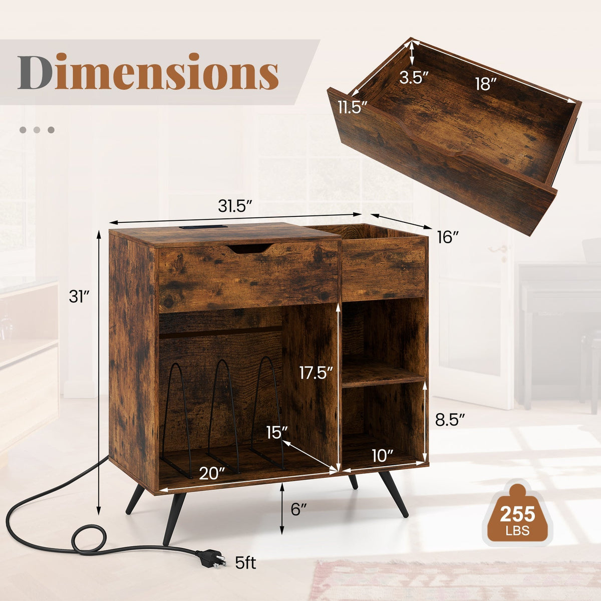 Record Player Stand with Power Outlet-Rustic Brown, photo 5 of 8