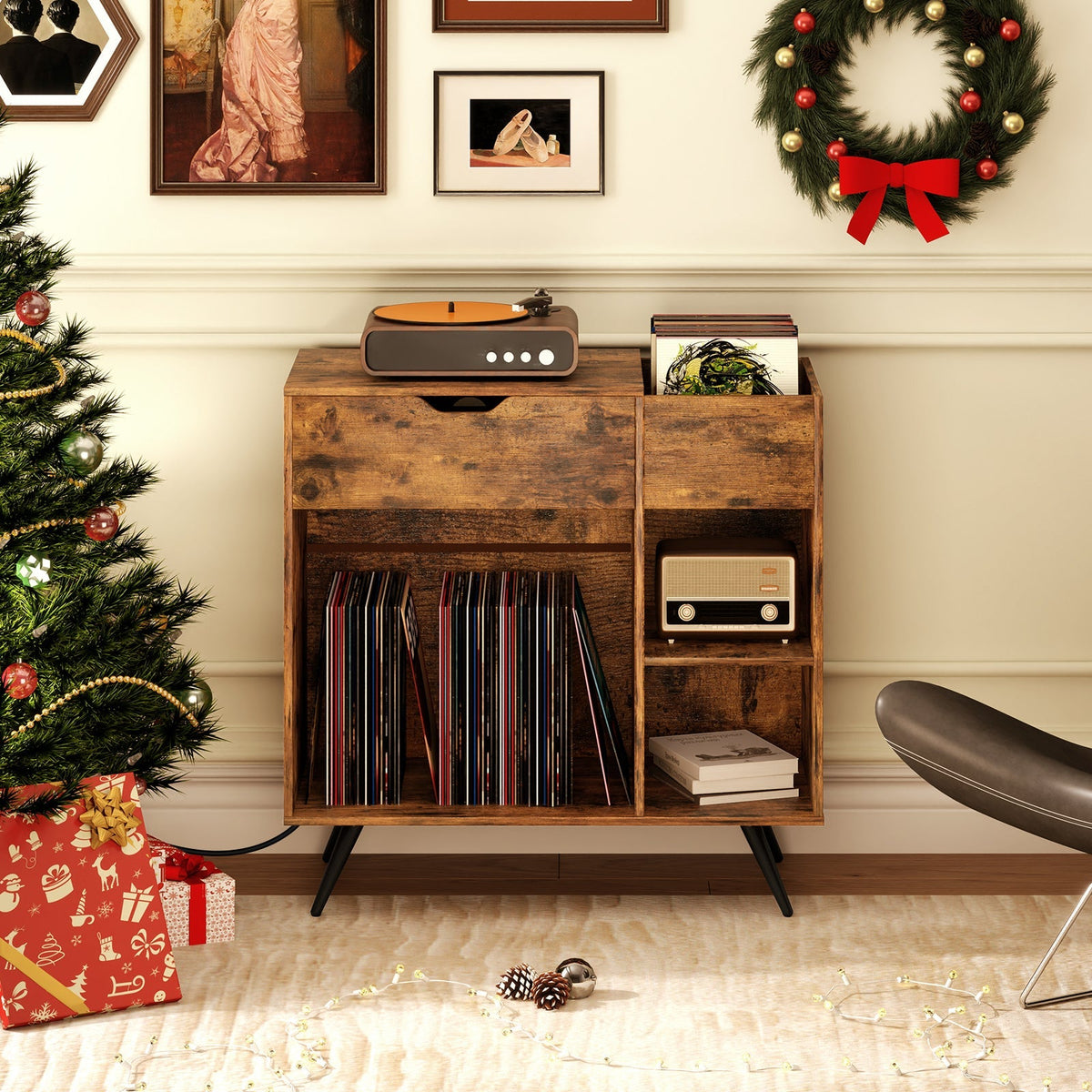 Record Player Stand with Power Outlet-Rustic Brown, photo 2 of 8