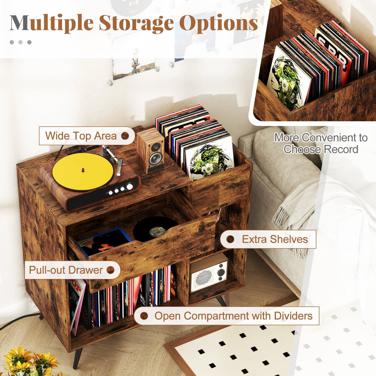 Record Player Stand with Power Outlet-Rustic Brown, photo 6 of 8
