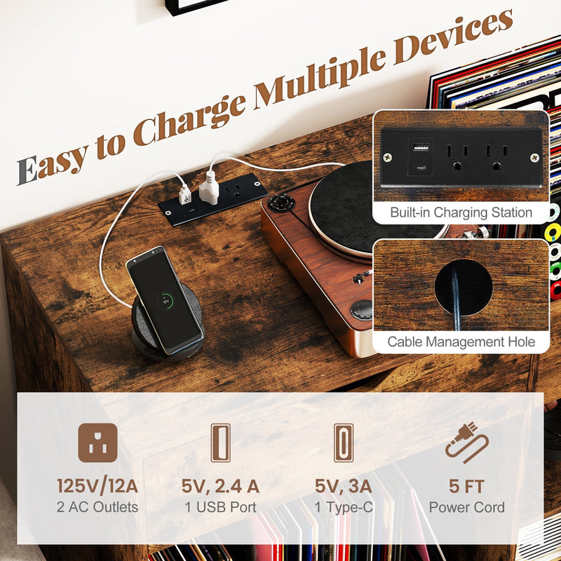 Record Player Stand with Power Outlet-Rustic Brown, photo 8 of 8