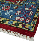 Maroon and Blue Turkish Oushak Kashgar Antique Traditional Hand Knotted Wool Area Rug by The Rug Decor