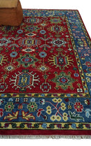 Maroon and Blue Turkish Oushak Kashgar Antique Traditional Hand Knotted Wool Area Rug by The Rug Decor