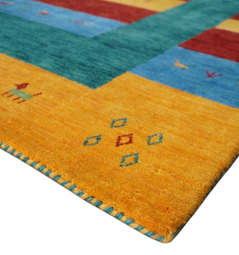 5x8 Vibrant Red, Blue, Yellow and Green Striped Wool Hand Woven Southwestern Lori Rug | KNT17