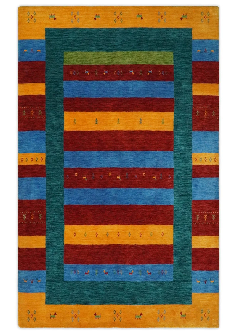 5x8 Vibrant Red, Blue, Yellow and Green Striped Wool Hand Woven Southwestern Lori Rug | KNT17