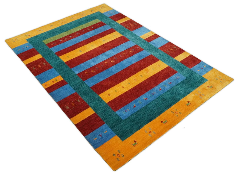 5x8 Vibrant Red, Blue, Yellow and Green Striped Wool Hand Woven Southwestern Lori Rug | KNT17