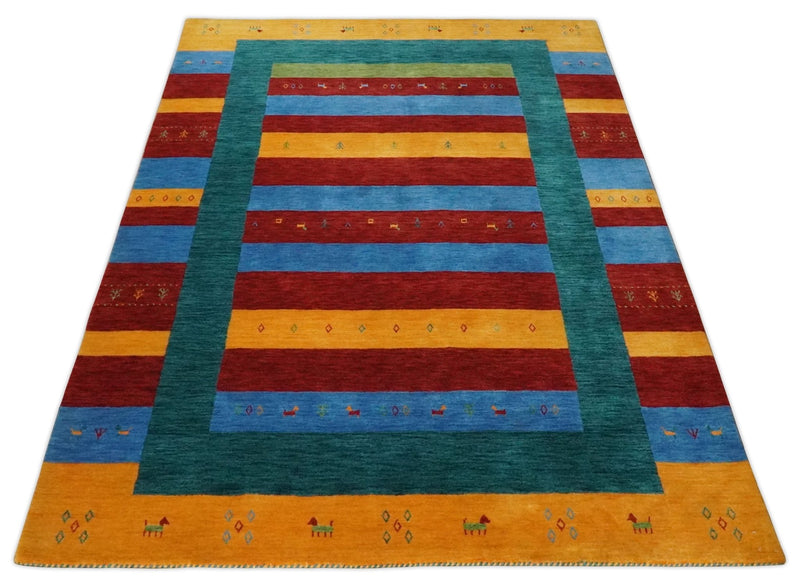 5x8 Vibrant Red, Blue, Yellow and Green Striped Wool Hand Woven Southwestern Lori Rug | KNT17