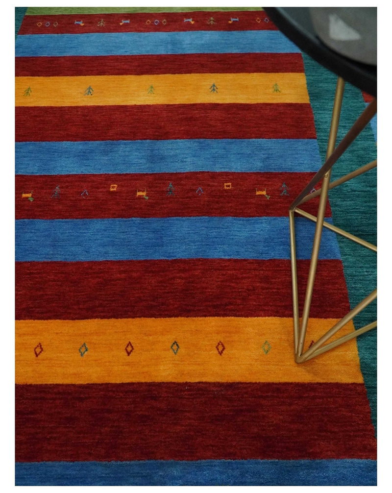 5x8 Vibrant Red, Blue, Yellow and Green Striped Wool Hand Woven Southwestern Lori Rug | KNT17