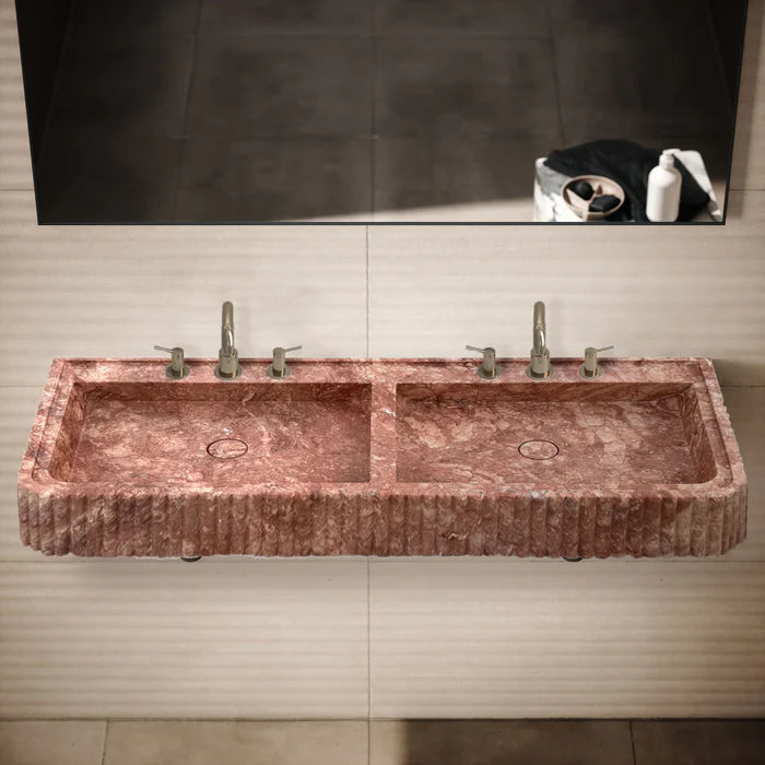 Red Travertine Double Bathroom Vanity Sink Fluted on Front and Edges (W)20" (L)48" (H)6"