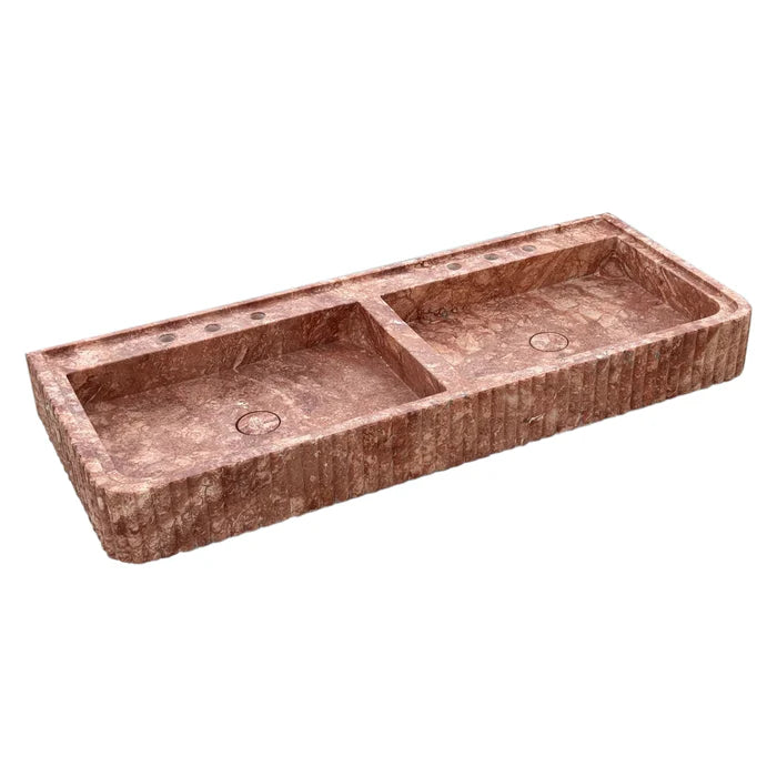 Red Travertine Double Bathroom Vanity Sink Fluted on Front and Edges (W)20" (L)48" (H)6"