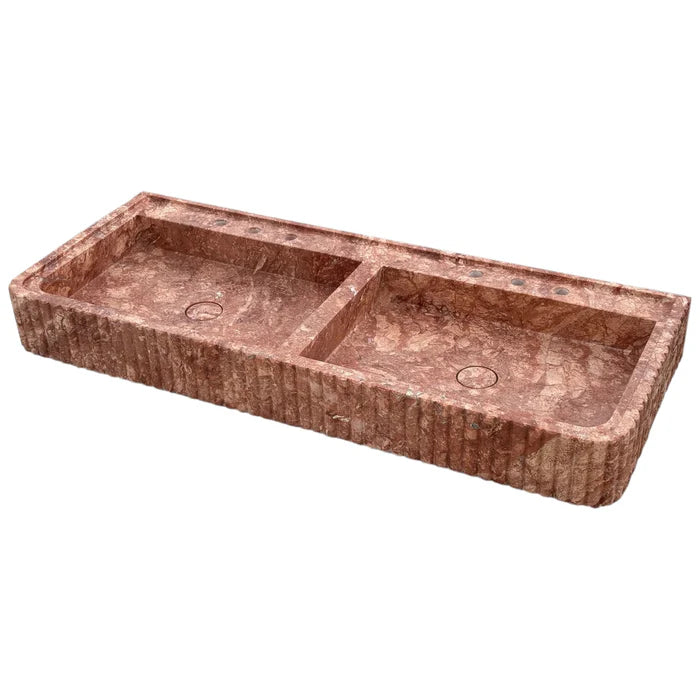 Red Travertine Double Bathroom Vanity Sink Fluted on Front and Edges (W)20" (L)48" (H)6"