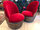 Whiskey & Wine Barrel Reading Chair — Hidden Storage, Red Velvet Upholstery