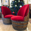 Whiskey & Wine Barrel Reading Chair — Hidden Storage, Red Velvet Upholstery