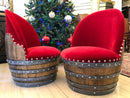 Whiskey & Wine Barrel Reading Chair — Hidden Storage, Red Velvet Upholstery