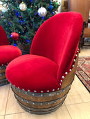 Whiskey & Wine Barrel Reading Chair — Hidden Storage, Red Velvet Upholstery