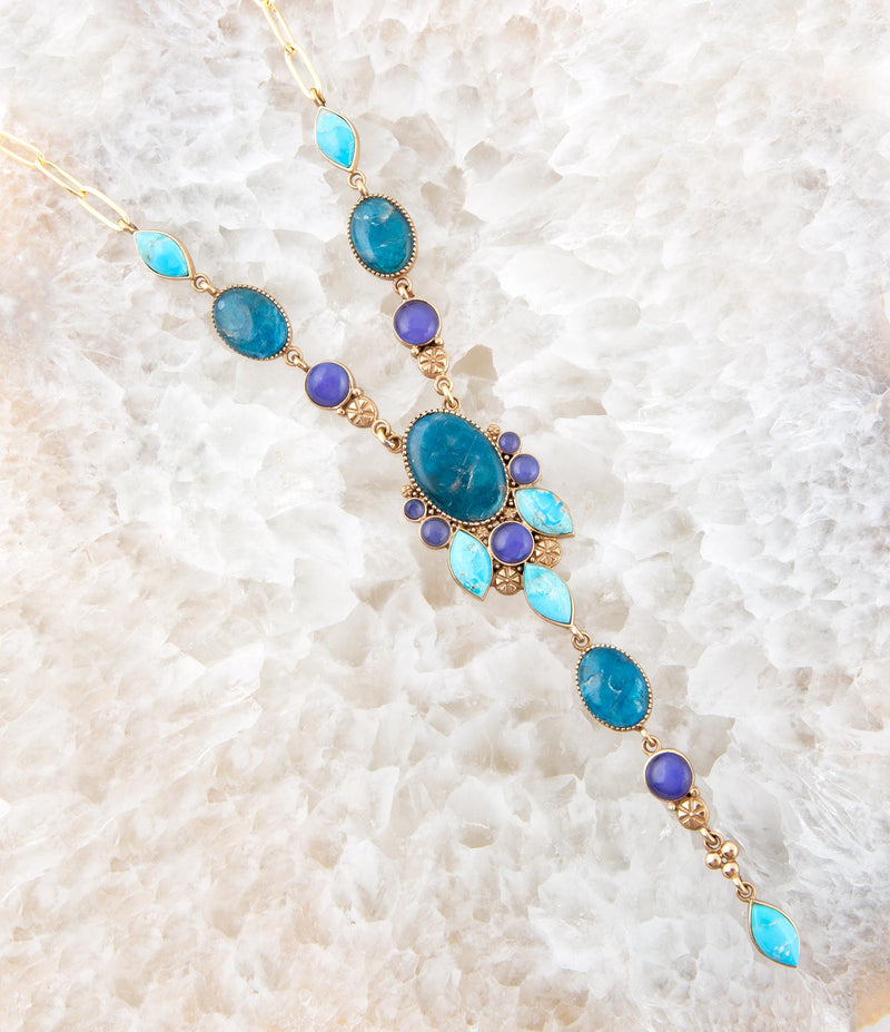 Regal Blue Apatite Mixed Stone Golden Pendant Necklace