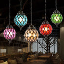 GobekUsa Restaurant Pendant Lighting: Moroccan Black Ceiling Light with Globe Amber/Green/Purple Glass Shade - 1 Light