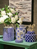 GobekUsa Blue & White Porcelain Covered Vase Jar: Retro Chinese Home Decor Flower Arrangement & Organization