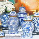GobekUsa Blue & White Porcelain Ginger Jar: Retro Tea Caddy Vase Desk Decoration