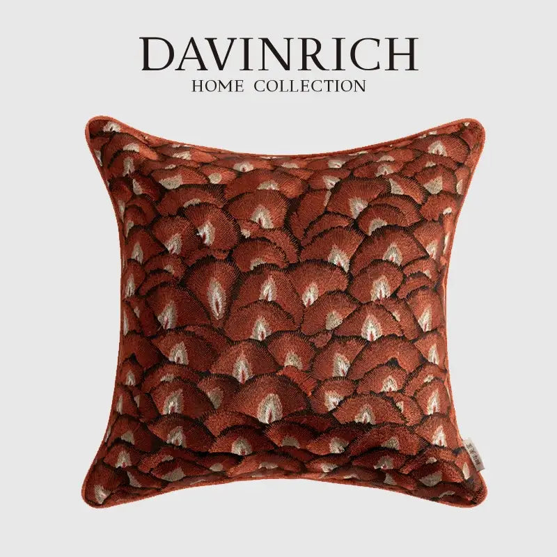GobekUsa Embroidered Geometry Pillow Case | Brick Red Retro Design | Sofa Cushion Cover