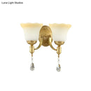 GobekUsa Retro Style 1/2-Head Gold Wall Lamp with Crystal Drop - Blossom Opaque Glass Wall Lighting