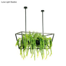 GobekUsa Retro Metal 2-Headed Black LED Drop Lamp for Restaurant Island Ceiling - Trapezoid Design with Plant Decor