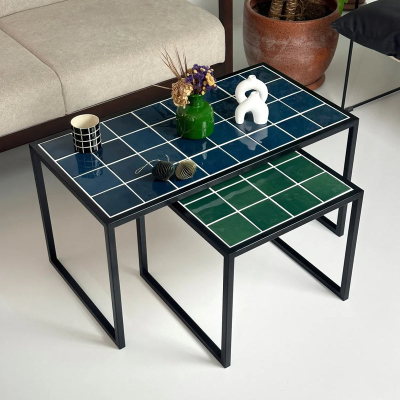 Retro Style Metal Leg Mosaic Double Coffee Table