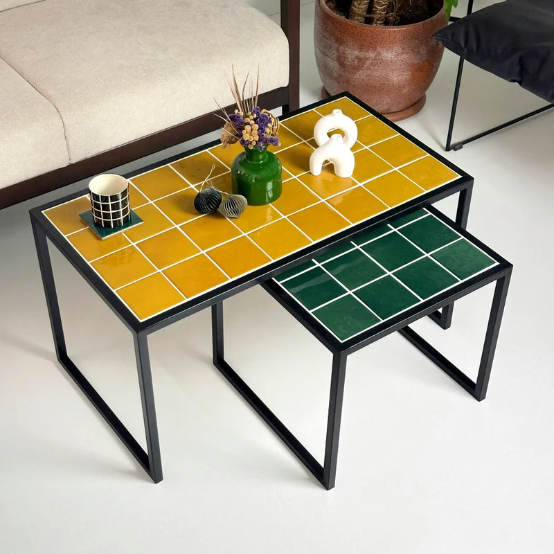 Retro Style Metal Leg Mosaic Double Coffee Table