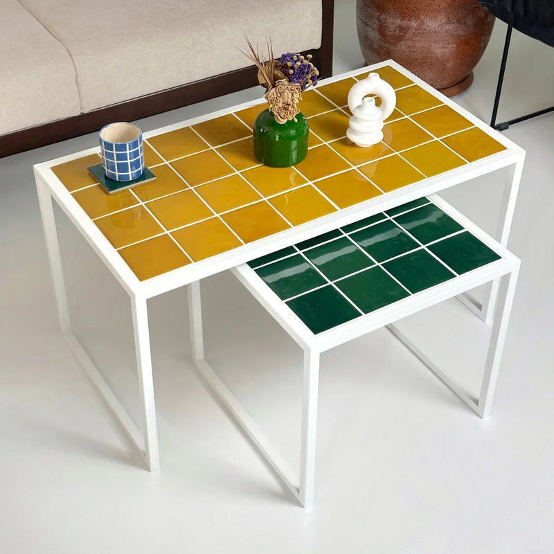 Retro Style Metal Leg Mosaic Double Coffee Table