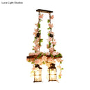 GobekUsa Retro Wooden Lantern 2/3 Head Island Ceiling Light with LED Drop Lamp, Pink/Green, Plant/Flower Decor