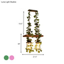 GobekUsa Retro Wooden Lantern 2/3 Head Island Ceiling Light with LED Drop Lamp, Pink/Green, Plant/Flower Decor