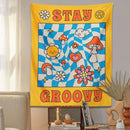 Retro yellow and blue groovy mushroom tapestry bedroom wall decor by Decorbites
