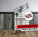 Microphone Boom Stand (Pack of 3) & Cardioid Wired Mic, XLR Cable, & Clip by Griffin | Telescoping Arm Holder, Tripod Legs | Karaoke Vocal Singing Microphone | Home Recording Studio Streaming