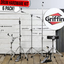 Complete Drum Hardware Pack 6 Piece Set by GRIFFIN | Full Size Percussion Stand Kit with Snare, Hi-Hat, Cymbal Boom, Throne Stool & Single Kick Drum Pedal | Lightweight and Portable, Perfect for Gigs