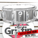 Metal Snare Drum by GRIFFIN | 14" x 5.5" inch Steel Chrome Shell | 8 Tuning Lugs & Snare Throw Off Strainer Set | Musical Instrument Kit & Drummers Key | Marching Percussion Hardware & Drum White Head