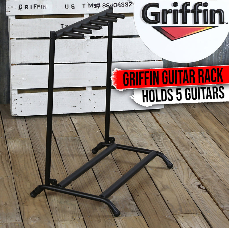 Five Guitar Rack Stand by GRIFFIN | Holder for 5 Guitars & Folds Up For Easy Transport | Neoprene Tubing Accessories | Ideal For Music Bands, Recording Studios, Schools, Stage Performers & Artists