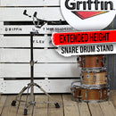 Extended Height Snare Drum Stand by GRIFFIN | Tall Adjustable Height Snare Stand For Practice Pad | Concert Stand Up Drum Mount Holder With Basket Clamp | Double Braced Percussion Chrome Drum Hardware