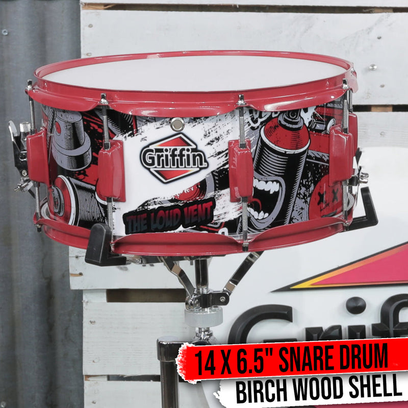 Snare Drum by GRIFFIN | Birch Wood Shell 14"x6.5" with Custom Graphic Wrap (Limited Edition) | Percussion Acoustic Musical Instrument Kit & Drummers Key | 8 Metal Lugs, Head Set & Strainer Throw Off