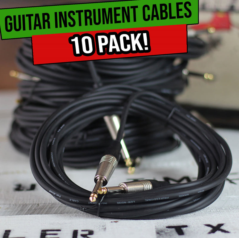 Guitar Cables (10 Pack) Instrument Cord by FAT TOAD | 24 AWG Patch Conductor for Electric Guitar, Bass, Amplifier, Speaker, Keyboard & Recording Studio | Shielded 20FT 1/4 Inch Gold Straight-End Wires
