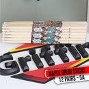 12 Pairs of Select Elite Maple Wood Drum Sticks by GRIFFIN Attack Zzzap - Size 5A Premium Balanced, Level and Straight - Drummers Percussion Classic Pure Grit Uncoated, Raw Wood Drumming Sticks
