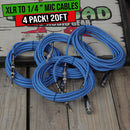 XLR Female to 1/4" Male Jack Microphone Cables (4 Pack) by FAT TOAD | 20ft Pro Audio Blue Mic Cord Extension Patch Lo-Z Connector | 24 AWG Shielded Speaker Wire & Balanced for Studio Audio Recording by GeekStands.com