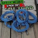 XLR Female to 1/4" Male Jack Microphone Cables (6 Pack) by FAT TOAD| 20ft Professional Pro Audio Mic Blue Cord Patch Lo-Z Connector | 24 Gauge Shielded, Balanced Wire for Impeccable DJ Audio Recording by GeekStands.com