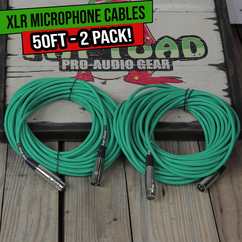 XLR Microphone Cables (2 Pack) by FAT TOAD | 50ft Pro Audio Green Mic Cord Patch Extension & Male to Female Lo-Z Connector | 24 AWG Shielded Wire & Balanced for Speakers, Recording Studio Mixer Gear