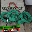 XLR Microphone Cables (4 Pack) by FAT TOAD | 50ft Professional Pro Audio Green Mic Cord Extension Patch with Lo-Z Connector | 24 AWG Shielded Wire & Balanced for Music Recording Studio Mixer Gear