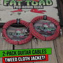 Guitar Cables (2 Pack) Right Angle to Straight-End Instrument Cord Tweed Cloth Jacket by FAT TOAD | Braided Woven 20 FT 1/4 Inch Gold Jack TS for Electric Guitar Pedal, Bass, Audio Speaker, Amplifier