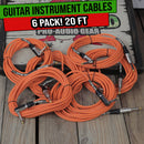 Guitar Cables (6 Pack) Right Angled Instrument Cord by FAT TOAD | 20FT 1/4 Quarter Inch Straight-End 20 GA Wires for Electric Guitar Pedal, Bass, Keyboards, Speaker Amplifier & Audio Studio Recording
